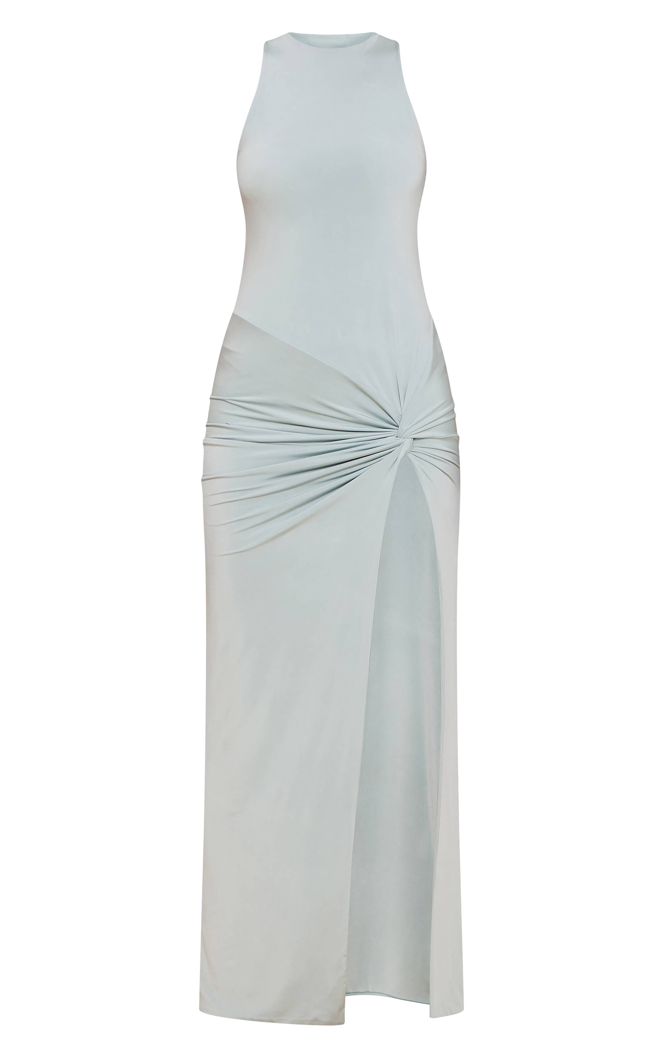 Robe Longue Fendue À Détails Froncés Double Couche Toucher Doux Col Nageur