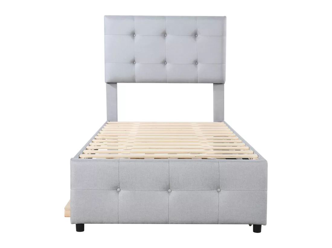 Lit gigogne 90 x 190/200 cm - tête de lit réglable - tissu lin - pour enfants - gris