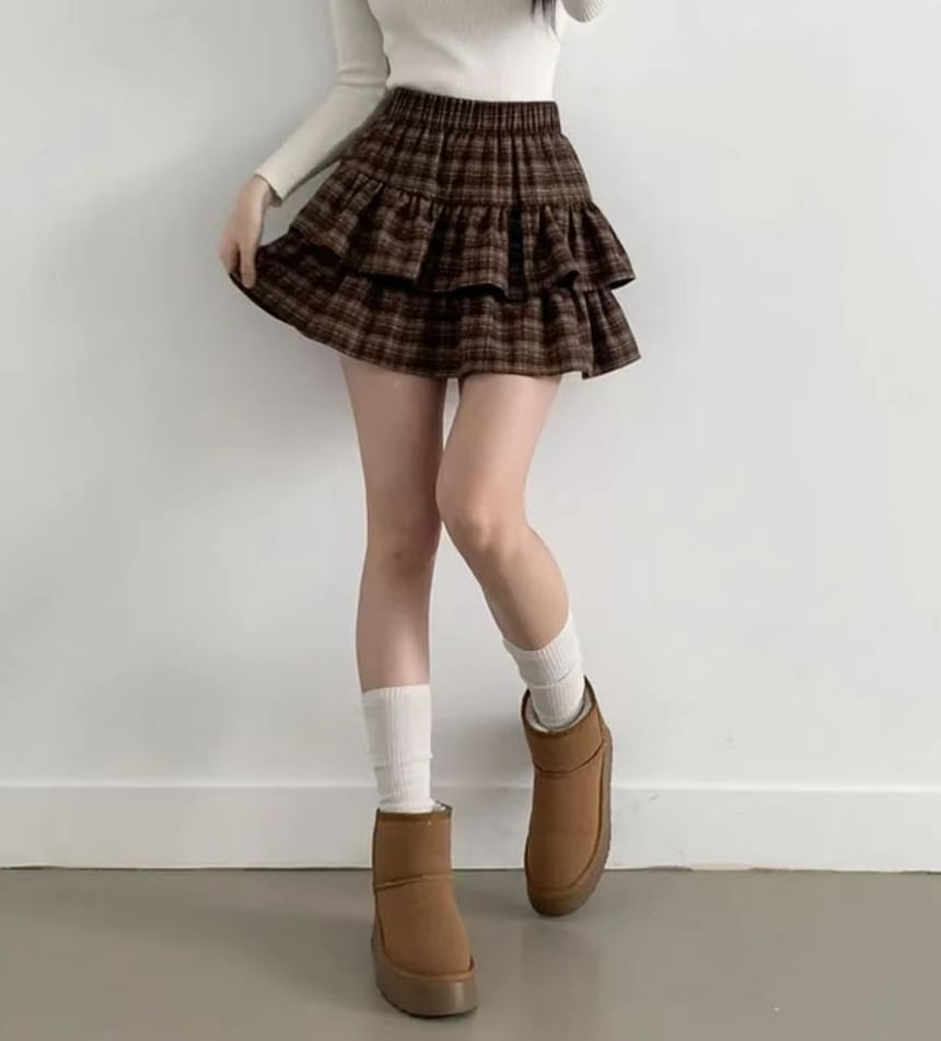 MIKIGA - Geruite rok met hoge taille en ruches aan de zoom
