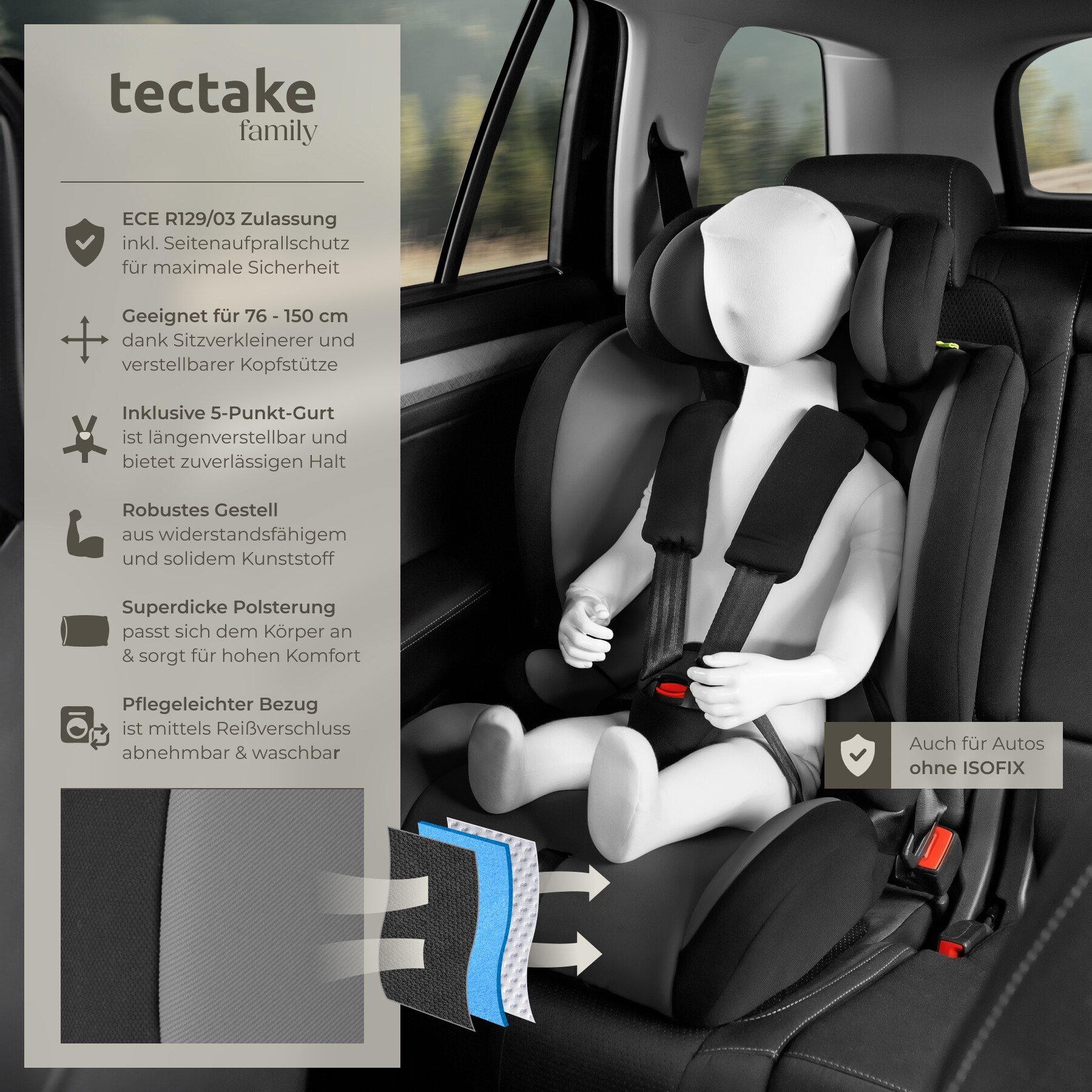 tectake® Autositz, mit Seitenaufprallschutz, zugelassen nach ECE R129/03, längenverstellbarer 5-Punkt-Gurt, höhenverstellbare Kopfstütze, von 76 bis 150 cm, Belastbarkeit 36 kg
