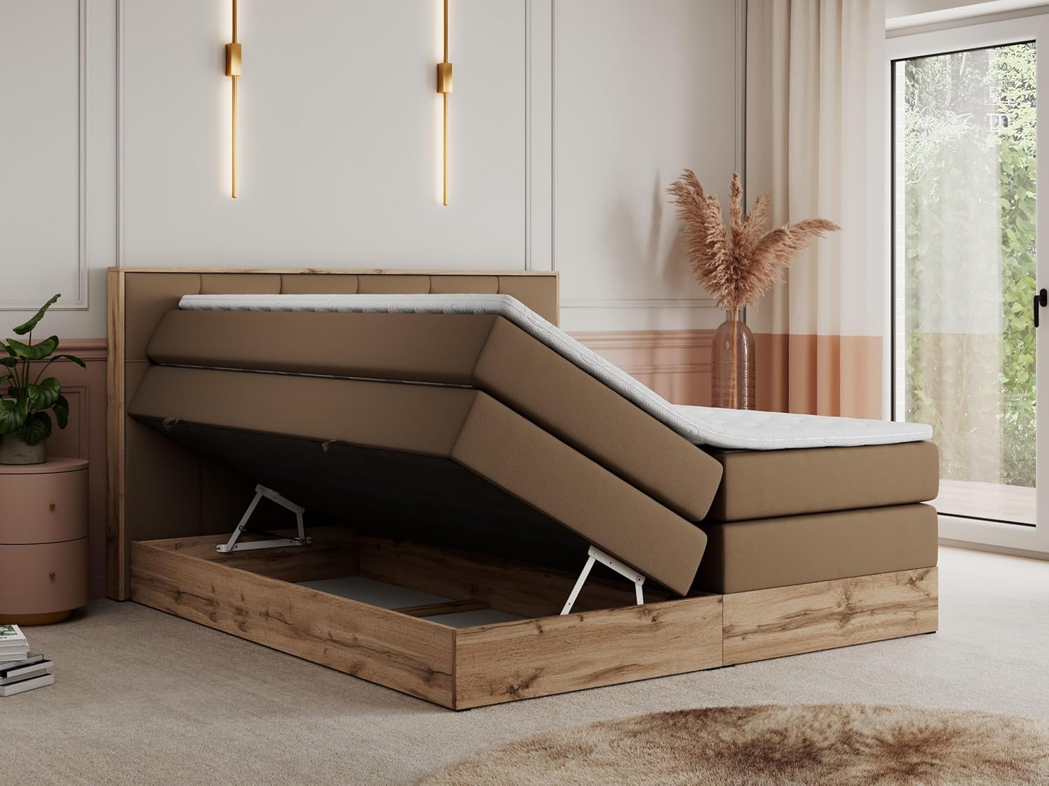 MKS MEBLE King Boxspringbett 180x200 mit Kopfteil und Bettkasten, Polsterbett mit Matratze H3 und Topper Visco, Wotan Eiche Dekor - Braun Kunstleder - Veneto King