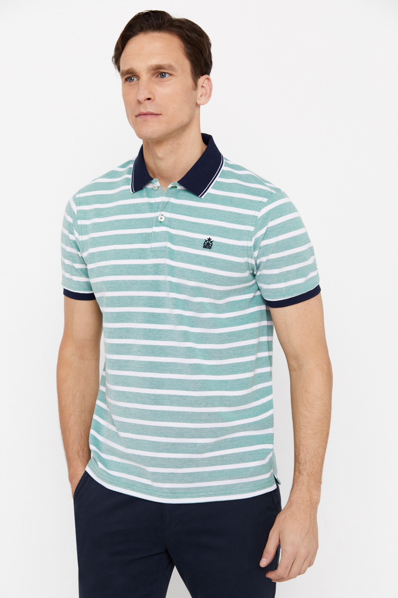 Camisa polo oxford listrada com gola contrastante - Verde