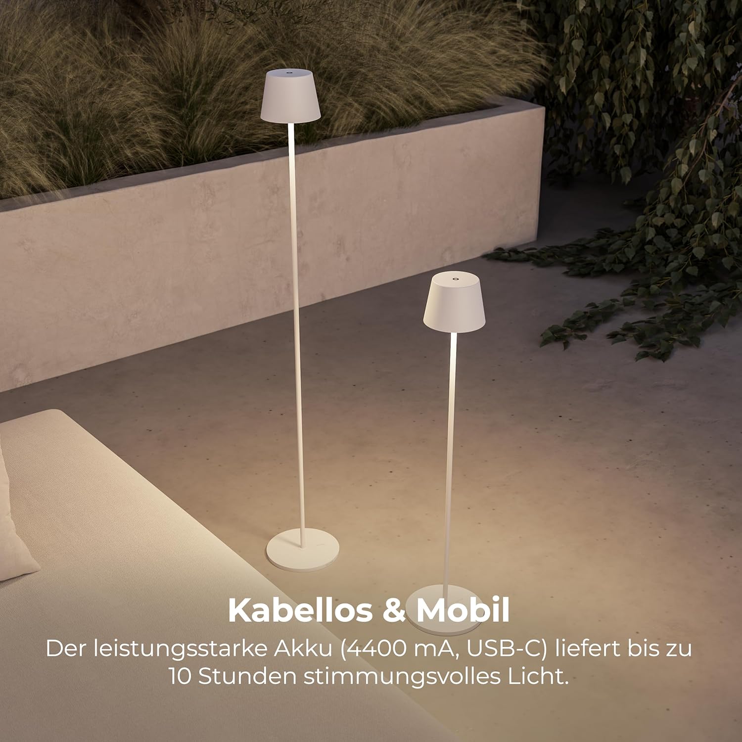 NEONA® YAVA kabellose LED Stehleuchte (Akku, Touch-Dimmung) – höhenverstellbar 50 – 130 cm, warmweiß 2700 K, bis 10 Std. Laufzeit, IP54 wetterfest – Indoor & Outdoor (Weiß)