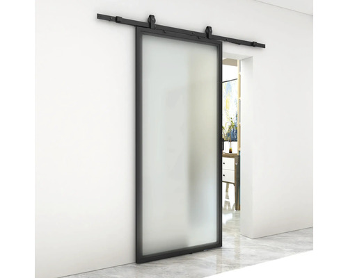 Pertura glazen schuifdeur complete set Neta Industrial 920x2050x8 mm Links/Rechts incl. beslag Blar staal gepoedercoat zwart, soft-close mechanisme, verzonken handgreep