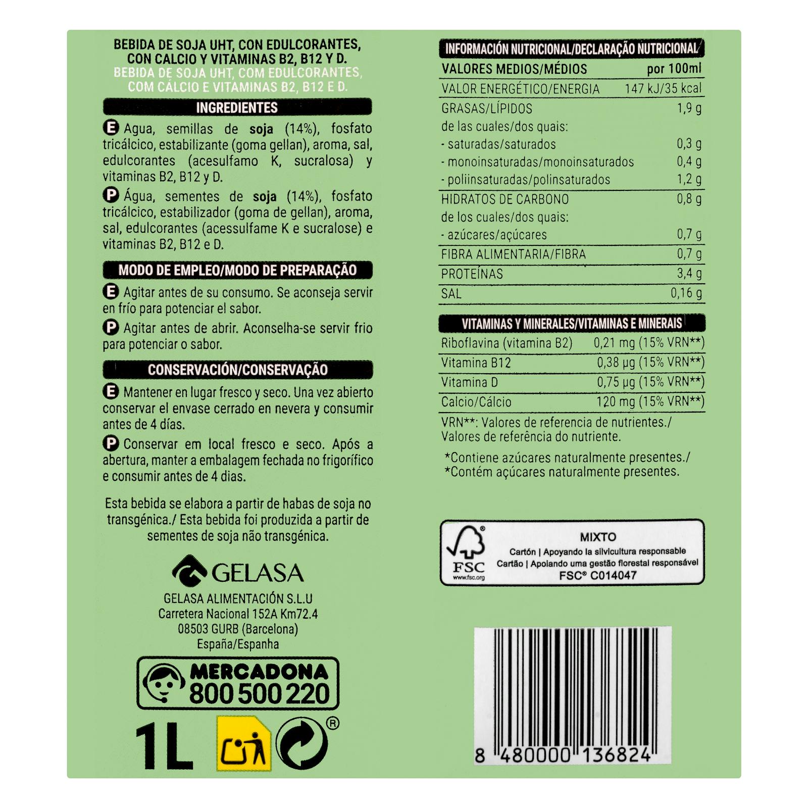 Boisson de soja Hacendado avec calcium et vitamines
