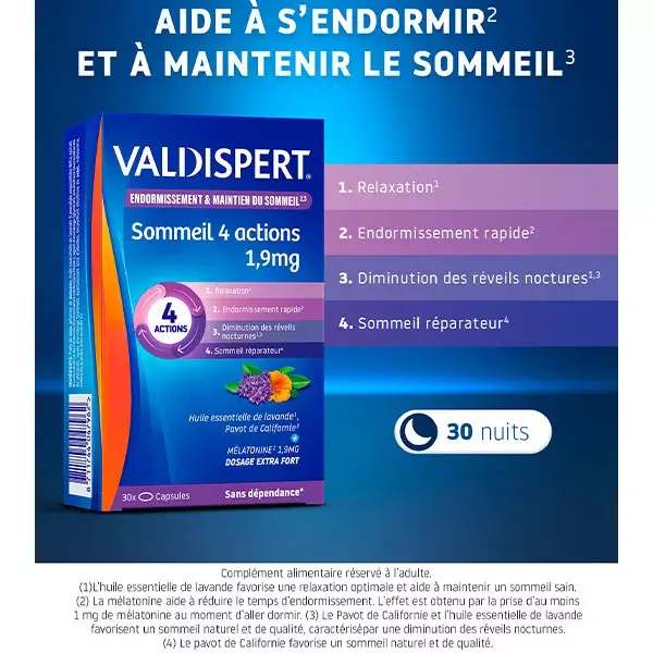 Valdispert Complément Alimentaire Sommeil 4 Actions Mélatonine 1,9mg 30 Capsules