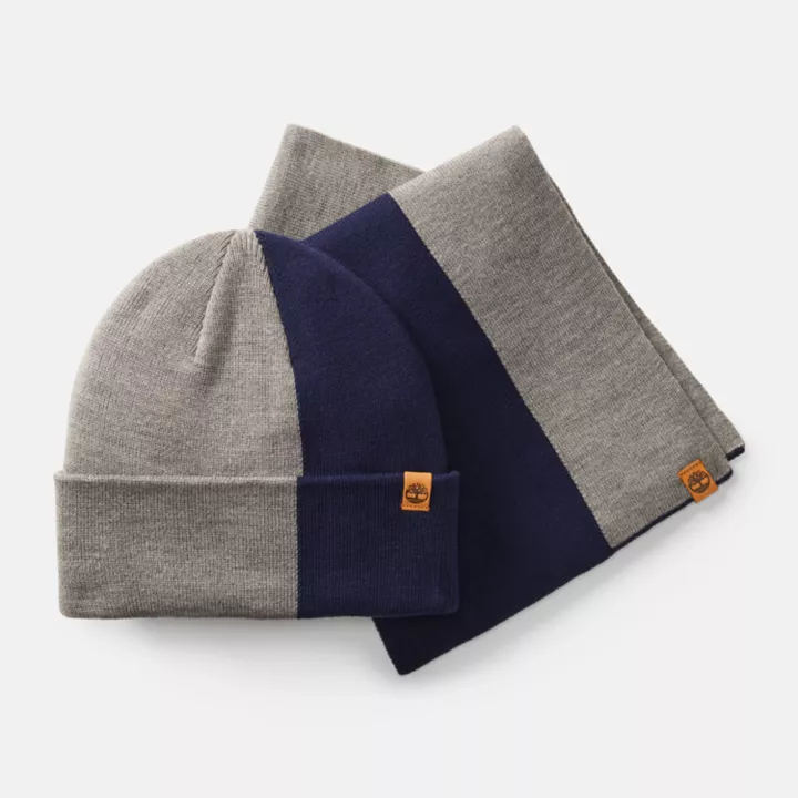 Coffret cadeau bonnet et écharpe color-block pour femme en bleu marine