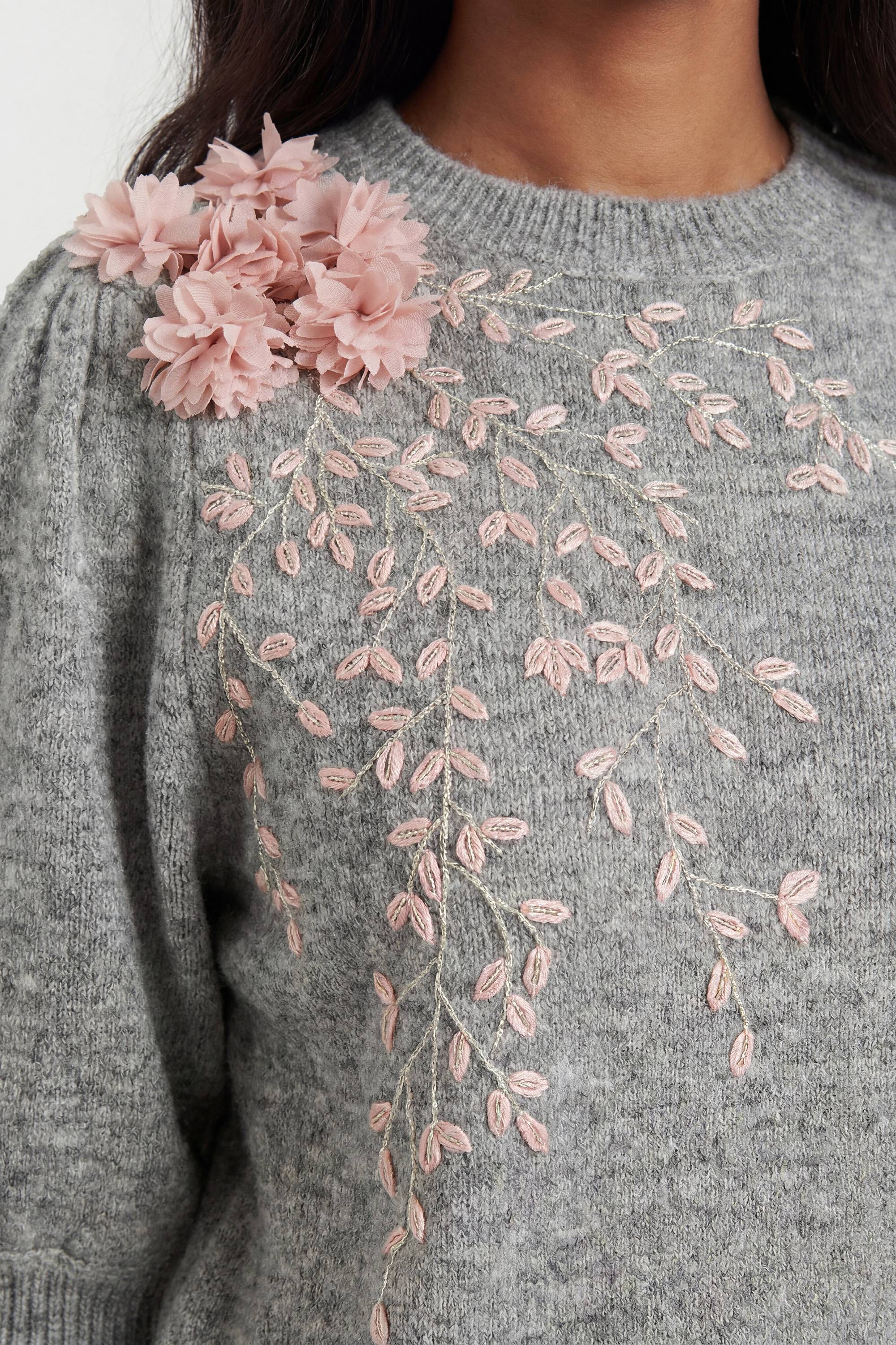 KarenMillen T-shirt en Maille à Manches Bouffantes avec Fleurs et Perles