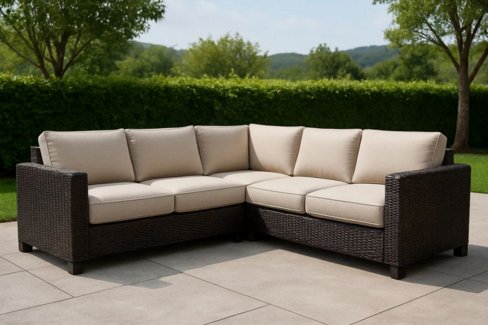 Garten Ecksofa Set Polyrattan Beige Kissen wasserabweisend Gesamtgröße 210x210x70cm