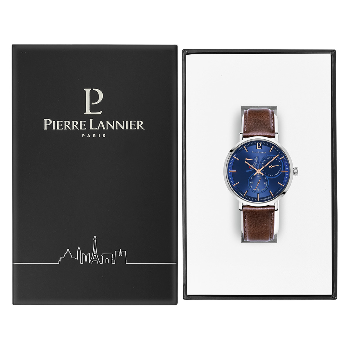 Montre Pierre Lannier homme automatique acier cuir brun