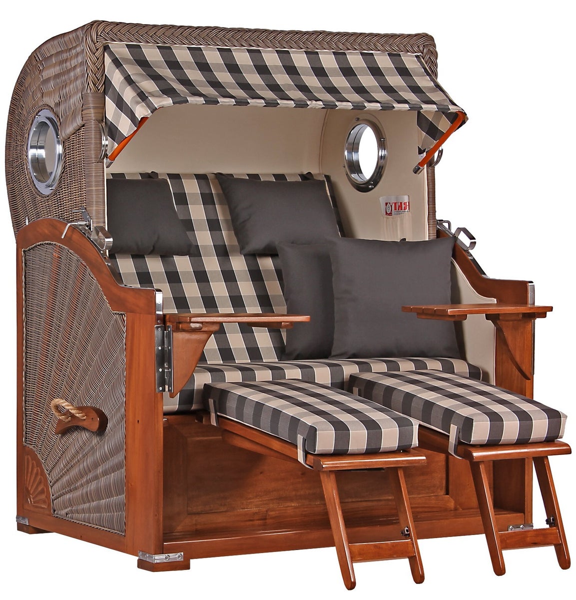 Westerland strandstoel, mahonie, patrijspoort, PE grijs, design 505