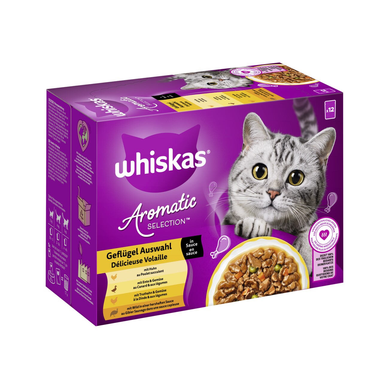 Whiskas Nassfutter Katze Adult, Multipack, 1+ Geflügel Auswahl, in Sauce 12x85 g