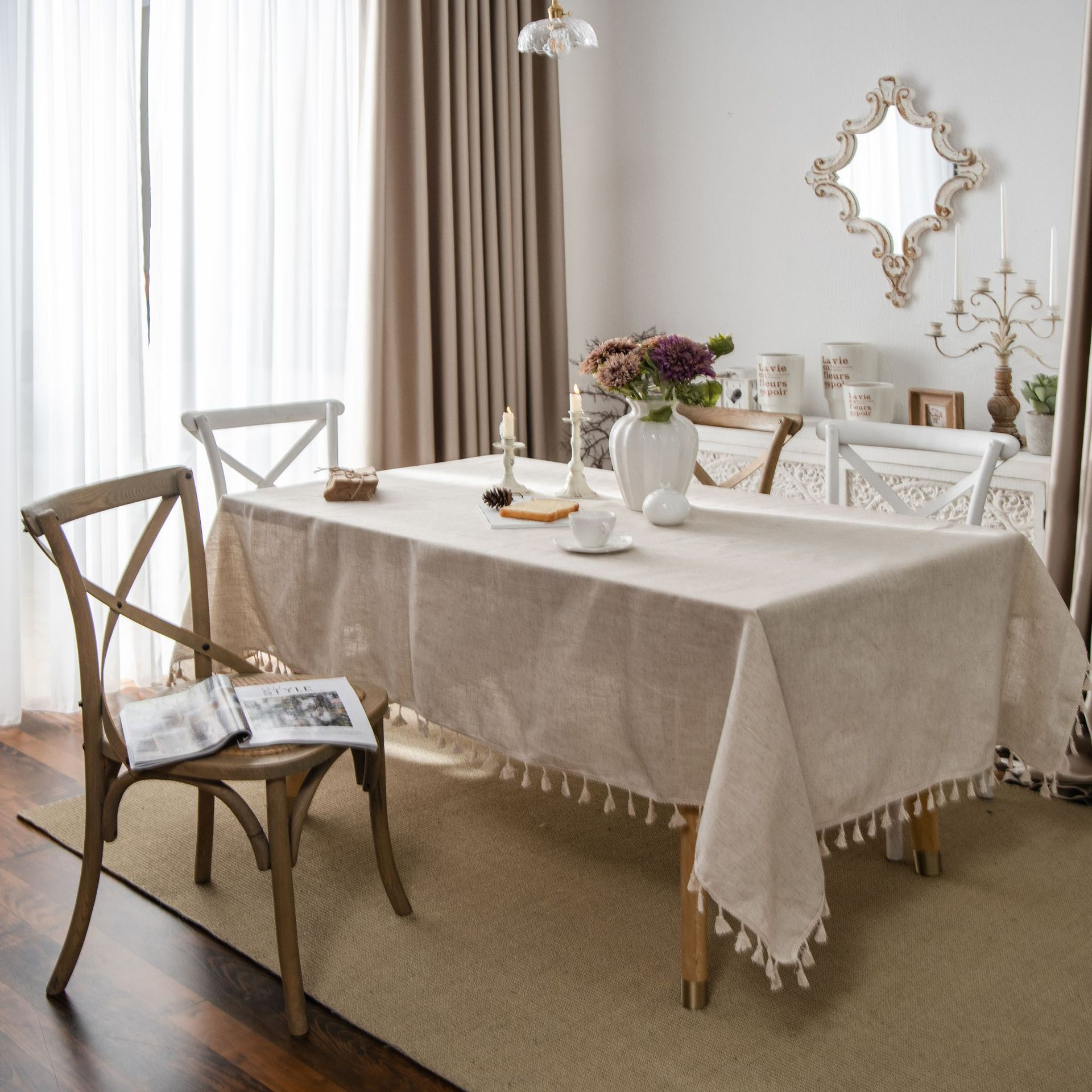 (140x260cm) Canvas Tischdecke Esszimmer Boho Deko Hygge Lifestyle Tisch Tuch mit Quasten - Beige