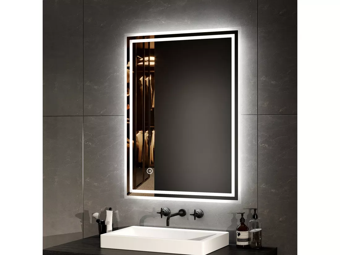 EMKE Miroir lumineux salle de bain 80x60cm, Miroir avec éclairage, Interrupteur tactile, Miroir LED Lumière Blanche Froide