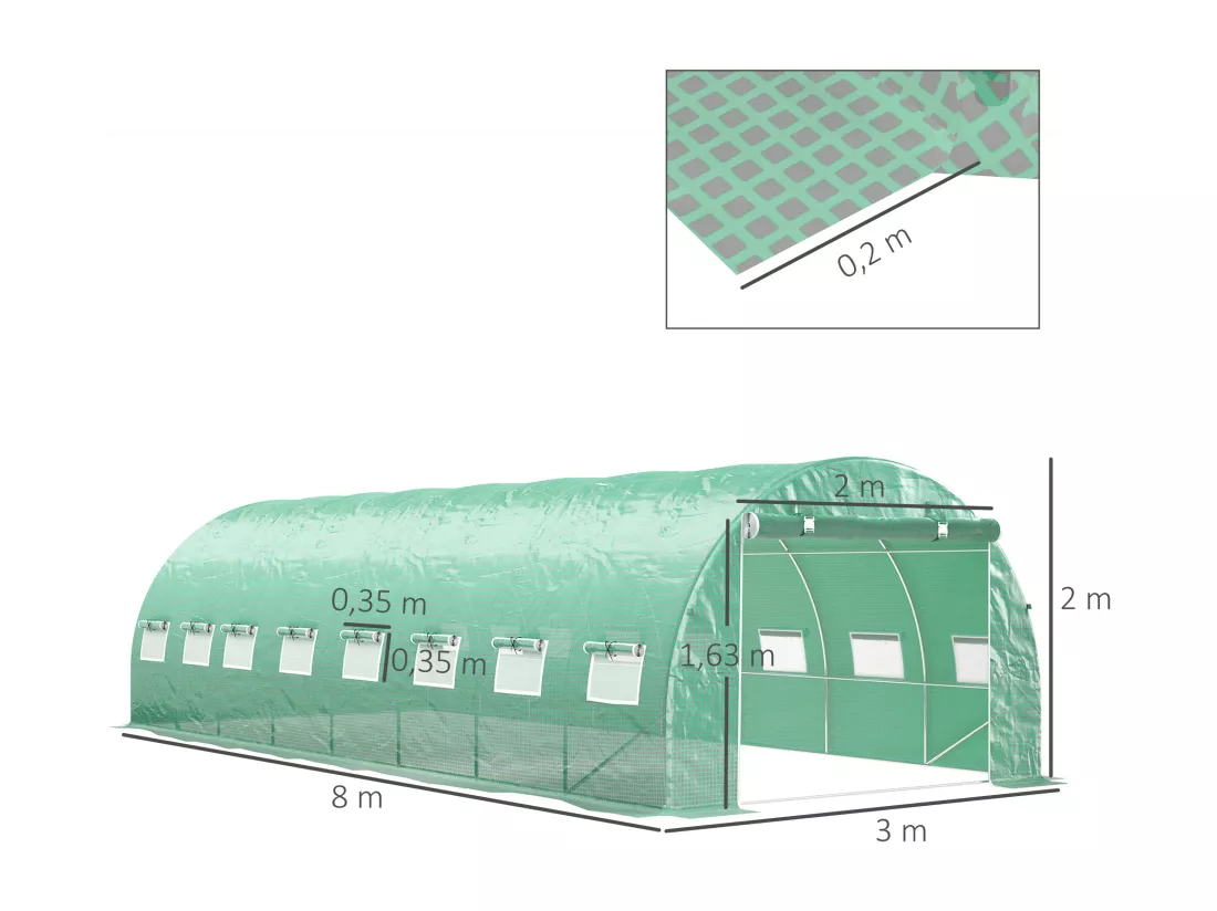 Serre tunnel 24m² dim. 8L x 3l x 2H m - 16 fenêtres, porte zippée - acier galvanisé PE haute densité vert