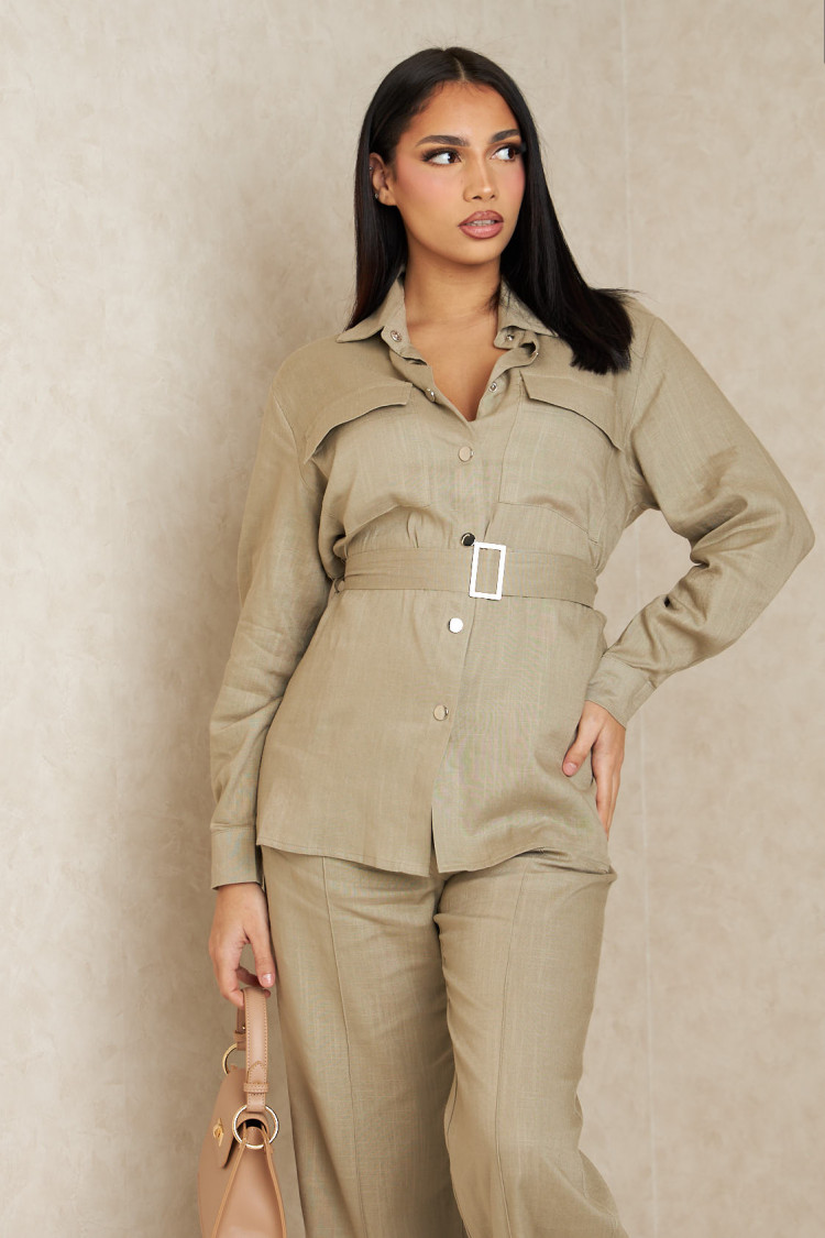 Ensemble 2 pièces veste + pantalon ceinturé beige