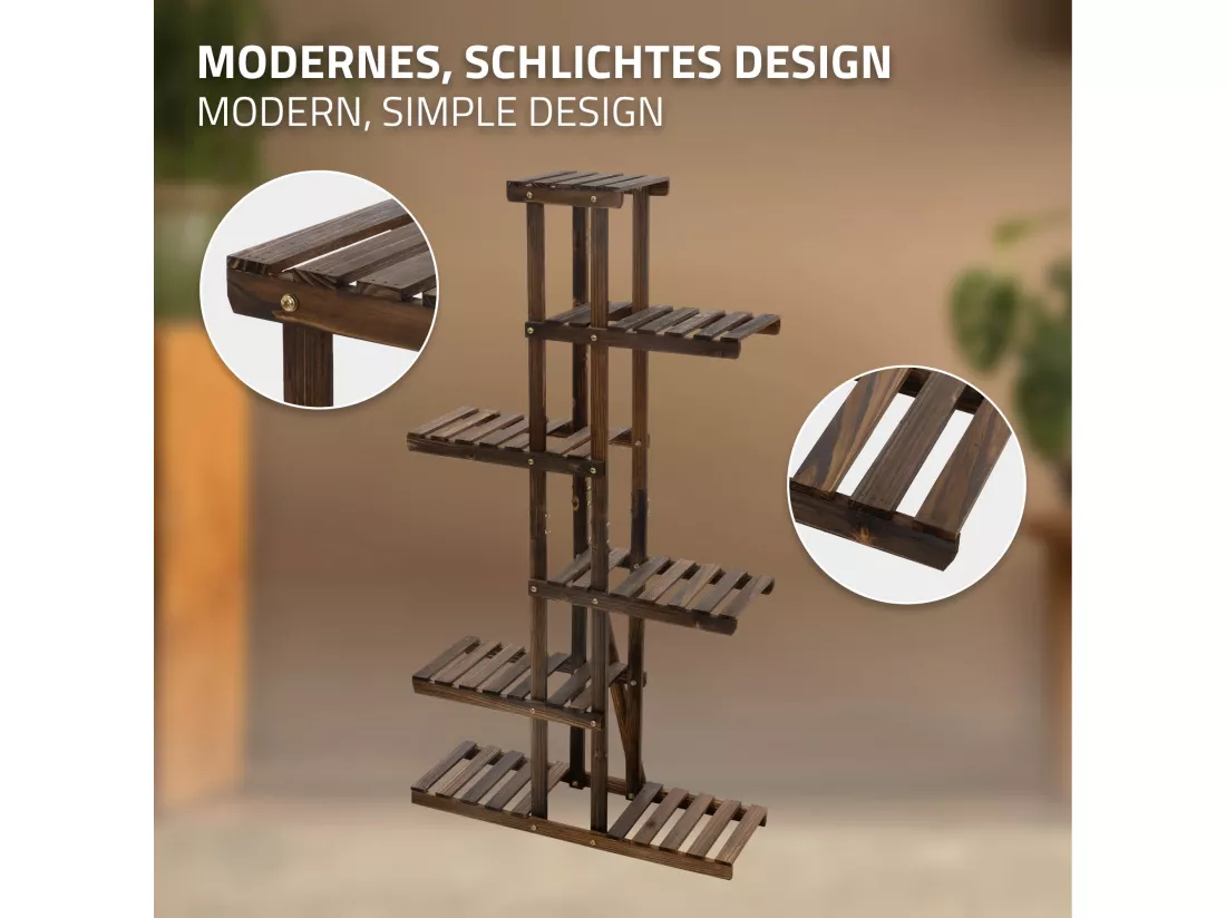 Étagère à fleurs bois marron carbonisé rangement 6 niveaux support de pot salon