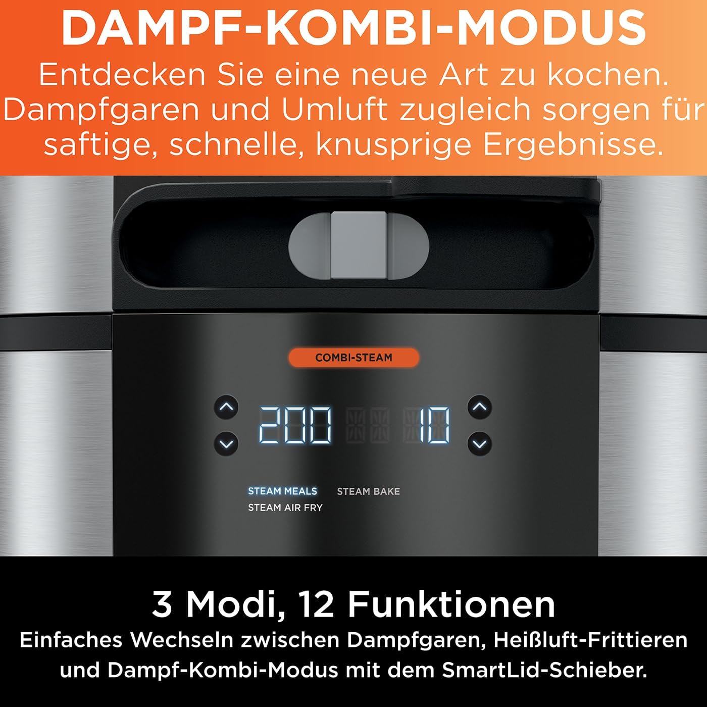 Ninja Foodi MAX Multikocher mit SmartLid, 7,5L, 12-in-1 Multicooker, Pressure Cooker Schnellkochen, Airfryer Heißluftfrittieren, Slow Cooker Langsamkochen, Edelstahl, OL650EU