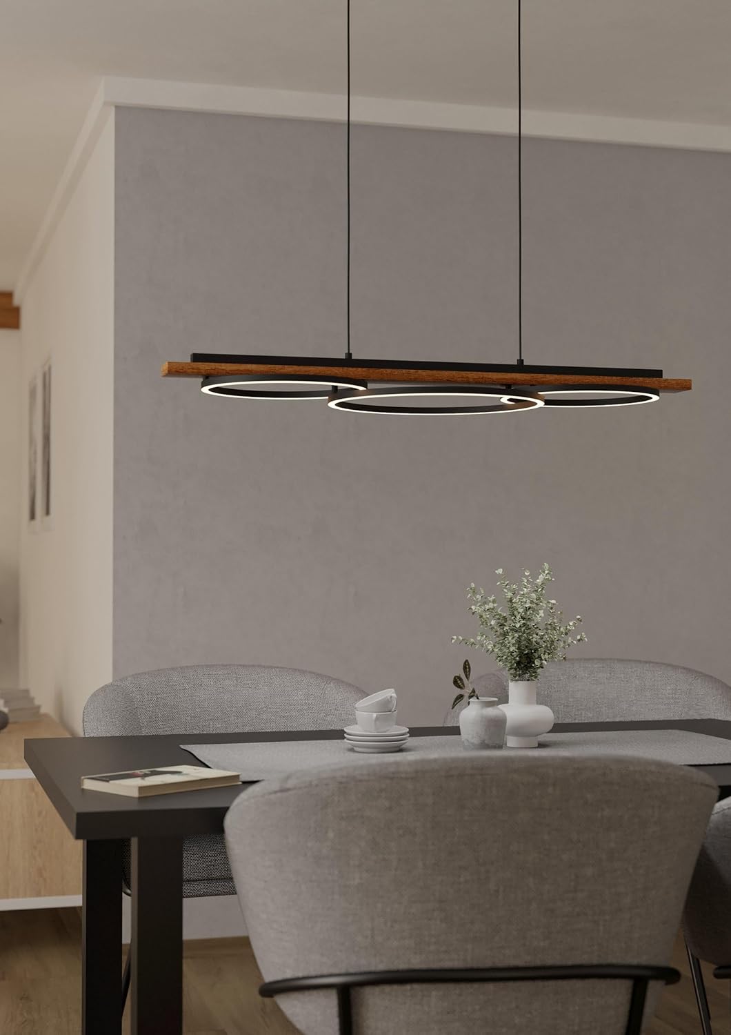 EGLO LED Pendelleuchte Boyal, 3-flammige Hängelampe, Hängeleuchte aus Metall, geflammtem Holz, Kunststoff, Esstischlampe in Schwarz, Braun, Weiß, Wohnzimmerlampe hängend