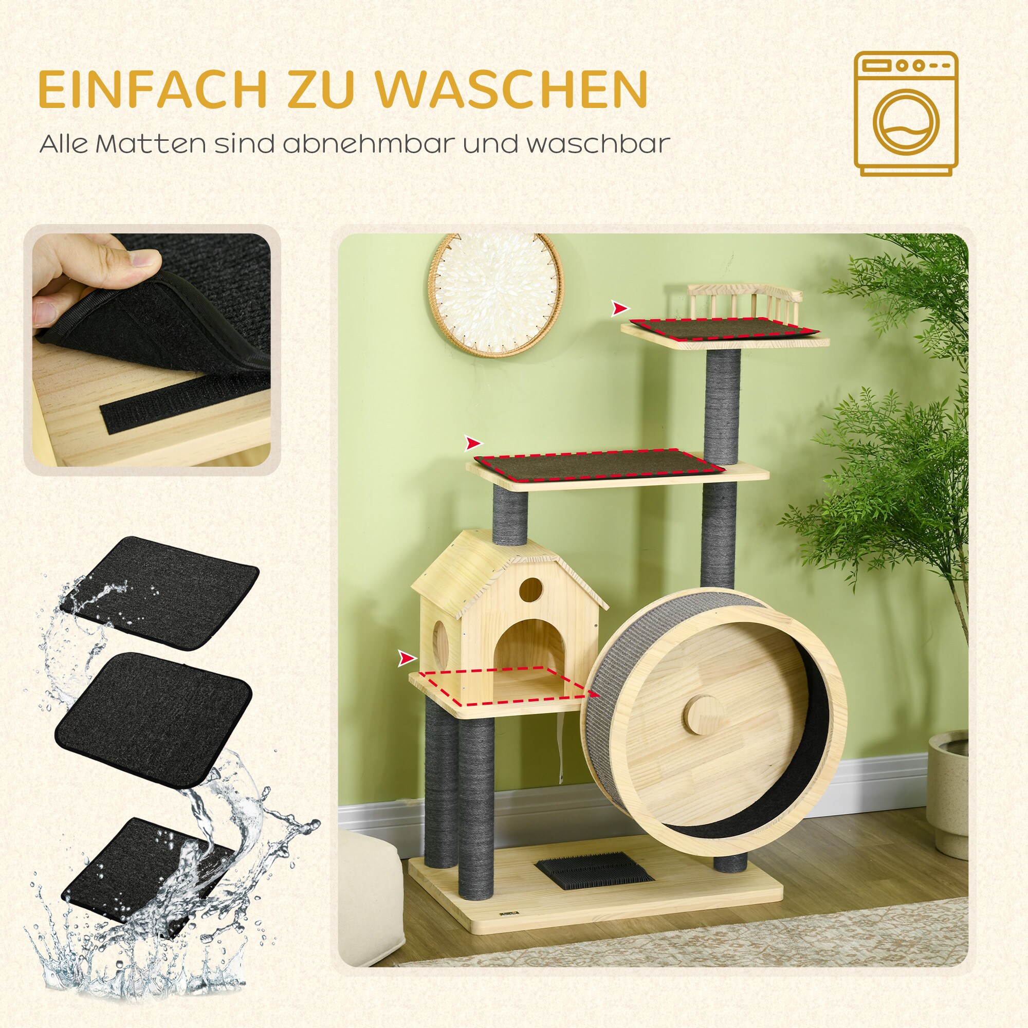 PawHut Kratzbaum mit Laufrad natur 80 x 40 x 148 cm (BxTxH)