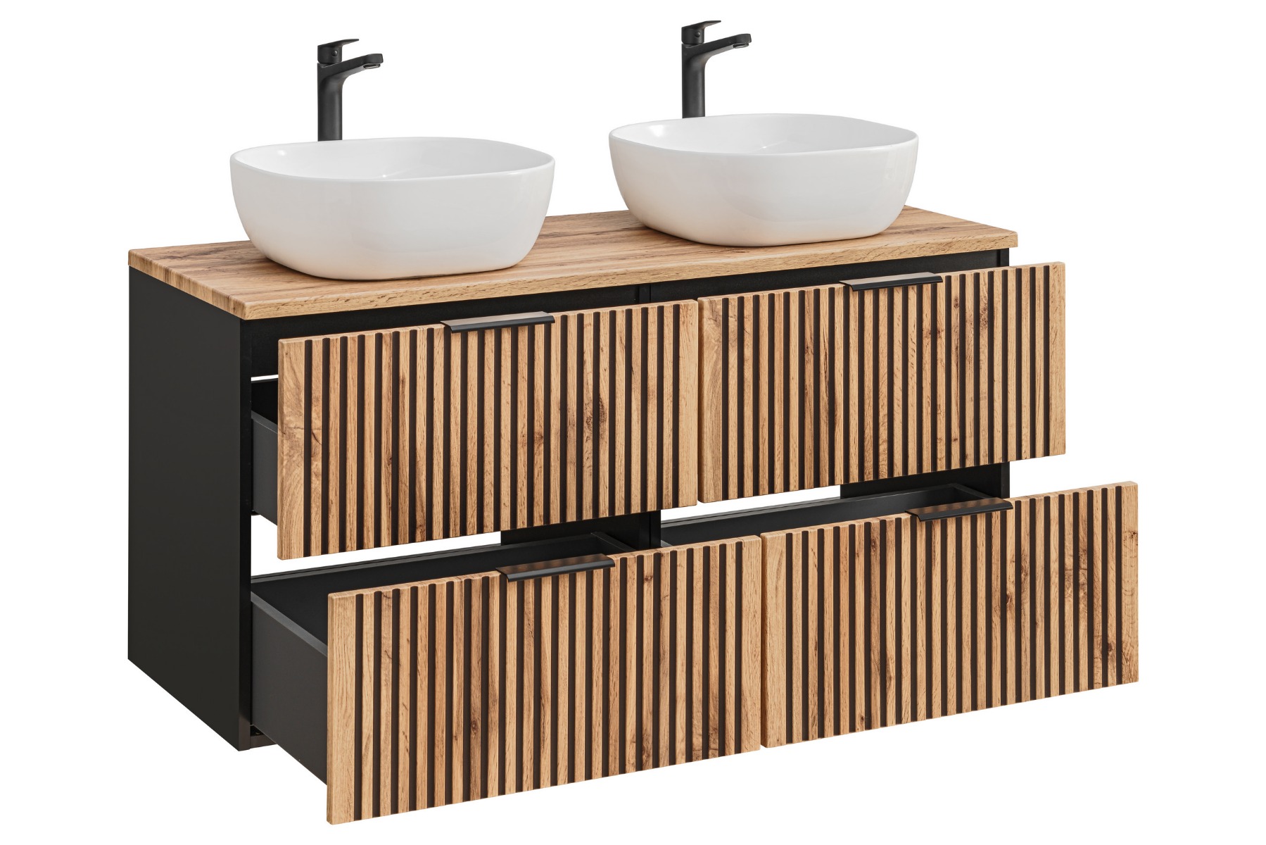 Comad Xilo Black Wotan FSC badkamermeubel 120cm met twee waskommen zwart/eiken
