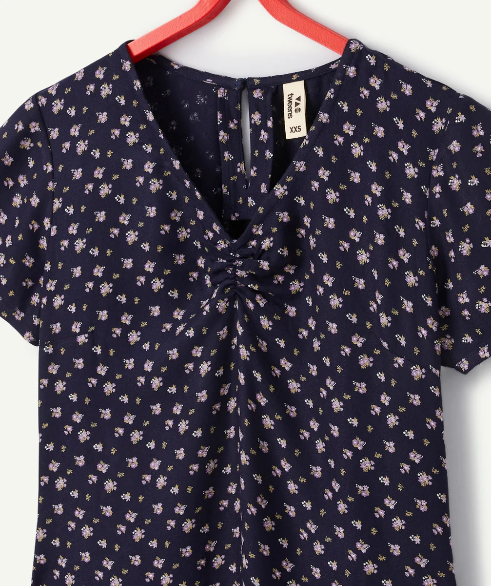 ROBE FILLE BLEU MARINE EN VISCOSE RESPONSABLE AVEC IMPRIMÉ FLEURI