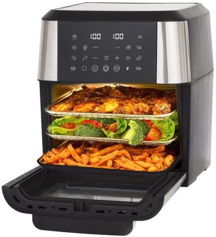 Airfryer XXL 12L mit Rotisserie Grill, Heißluftfritteuse Groß wie Backofen, LED Touch, 360° Umluft, Inkl. 2 Grillspieße & Zubehör, Gesund & Energiesparend Kochen für Großfamilien, Schwarz