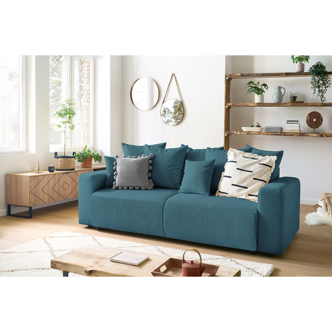 Bobochic Canapé 3 places velours côtelé convertible coffre Envy bleu foncé - 245x102x88 cm