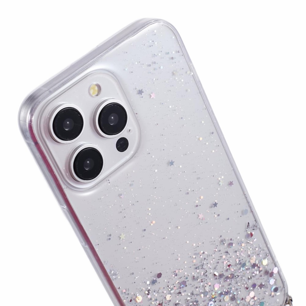 iPhone 15 Pro Necklace Gummi Hülle im Glitzer Design   Handykette (140cm) - Weiss / Transparent