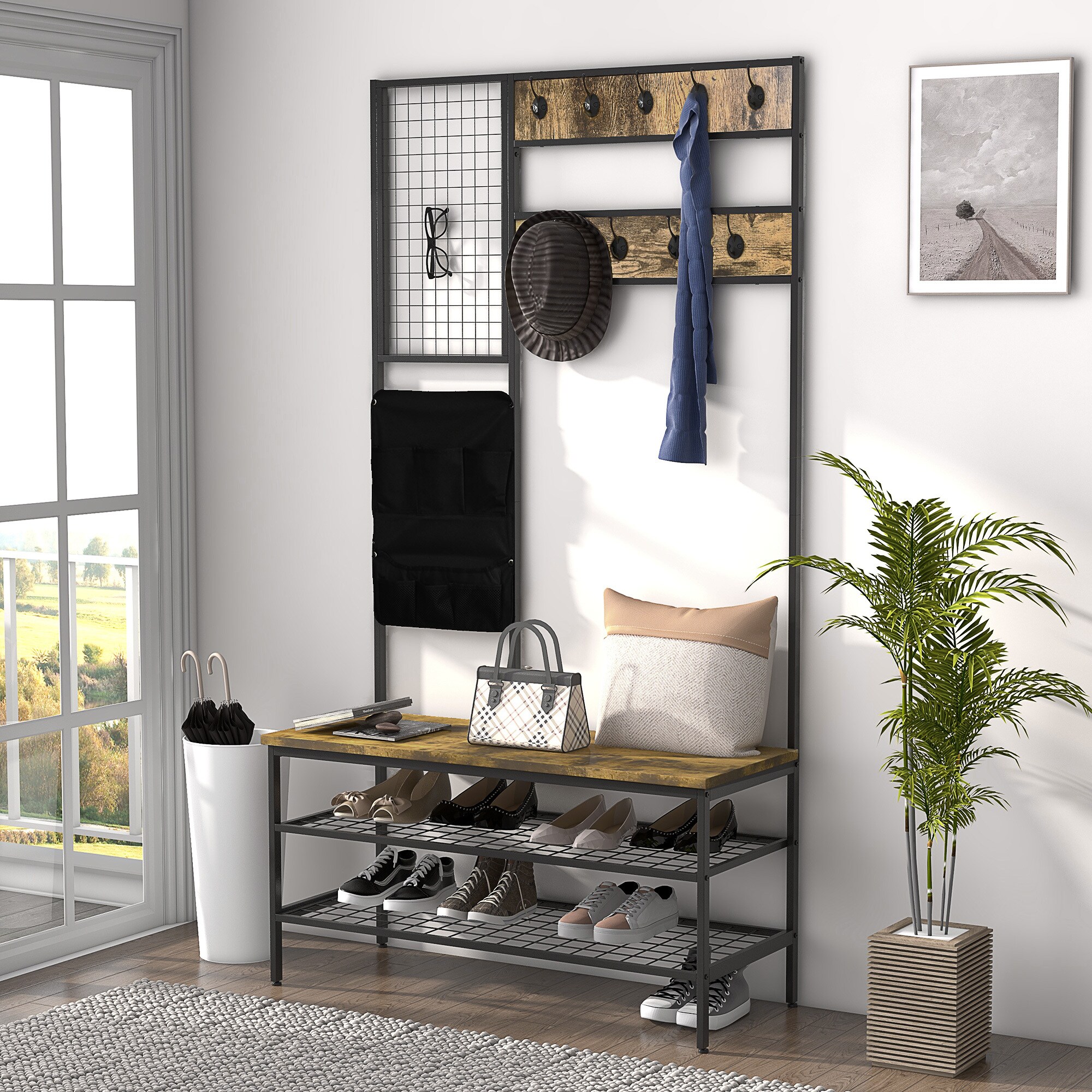 HOMCOM Garderobenständer mit Haken, Memoboard, Aufbewahrungstasche und Schuhregal braun 100L x 40B x 185H cm
