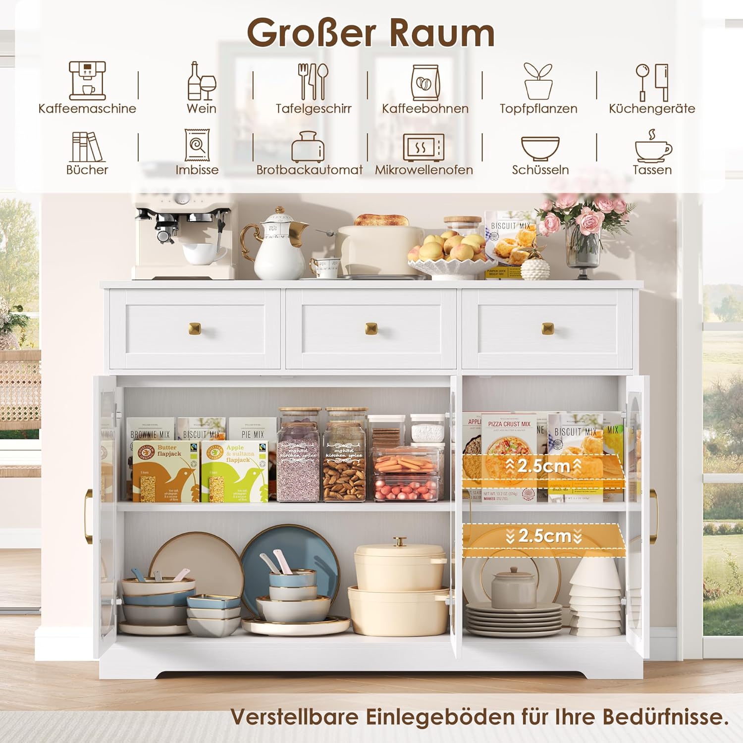 FirFurd Sideboard 120cm Breit Küchenschrank mit Arbeitsplatte Sideboard für Küche Wohnzimmer Buffetschrank mit 3 Schubladen & 3 Glasstüren Küchenbuffet mit Verstellbares Regal weiß 120x89x39.8cm