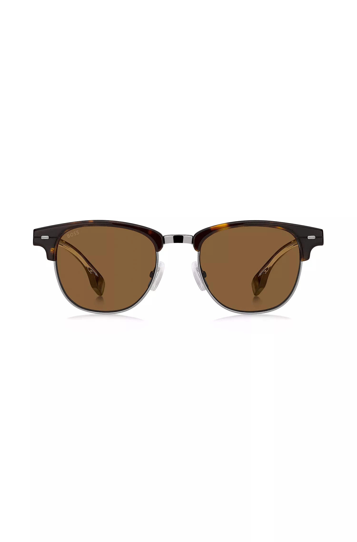 Óculos de sol BOSS em acetato preto Havana com núcleo de metal visível.