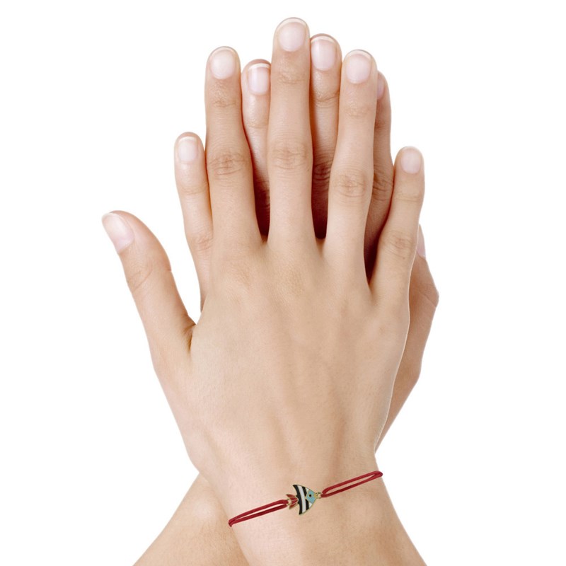 Bracelet Lien Médaille en Laiton Poisson Émaillée Blanche et Noire - Rouge