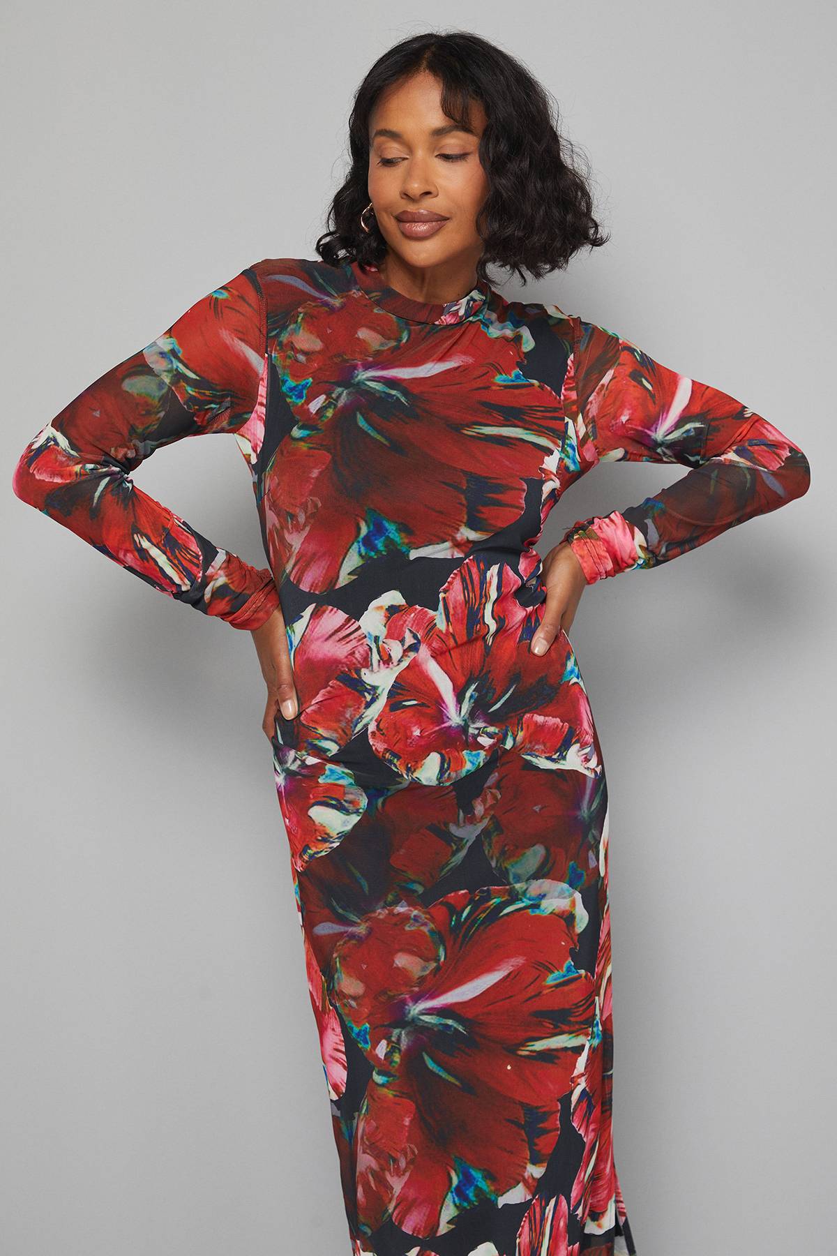 Wallis Robe Midi Noire à Col Montant en Mesh Floral