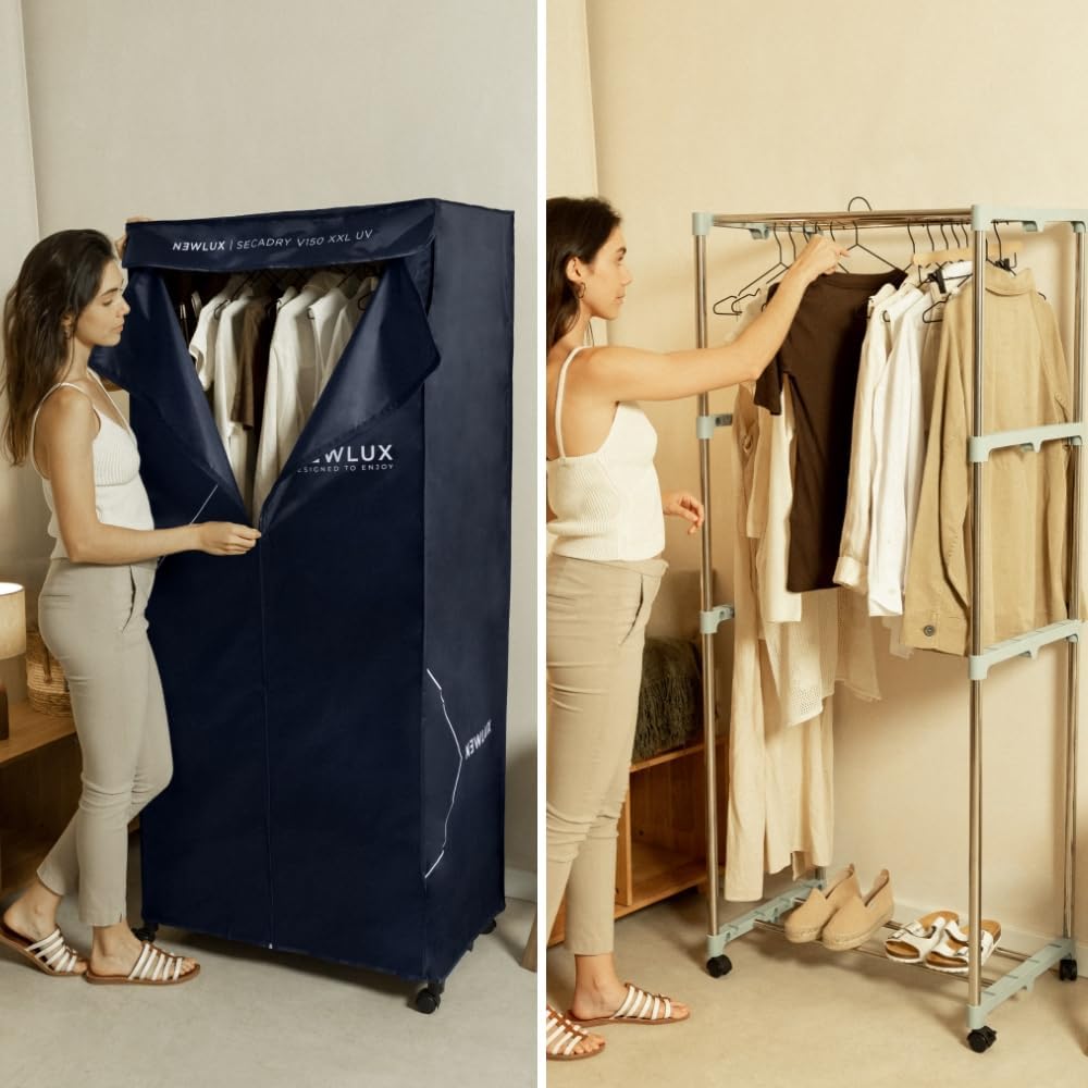 Newlux - Sèche-Linge électrique Portable Secadry Noir avec lumière UV pour désinfecter, 15kg, Temp. 180min, 4 Niveaux, séchoir par Ventilation (1200W) 3 en 1 Sèche-Linge, Armoire, Séchoir à Linge