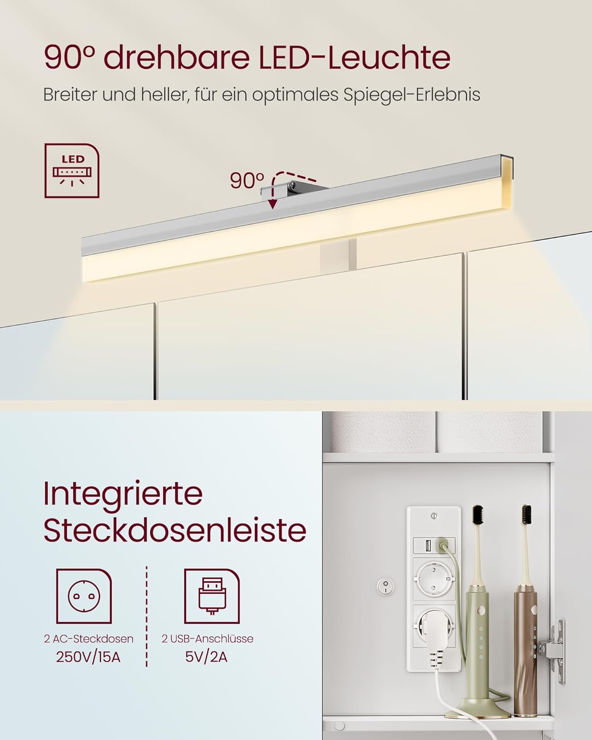 VASAGLE Spiegelschrank Bad mit Beleuchtung, 16,5 x 90 x 75 cm, Steckdosen, Hängekorb, Haartrockner-Halter, Spiegelschrank, Badschrank, Wandschrank, für Badezimmer, wolkenweiß BBK136W01