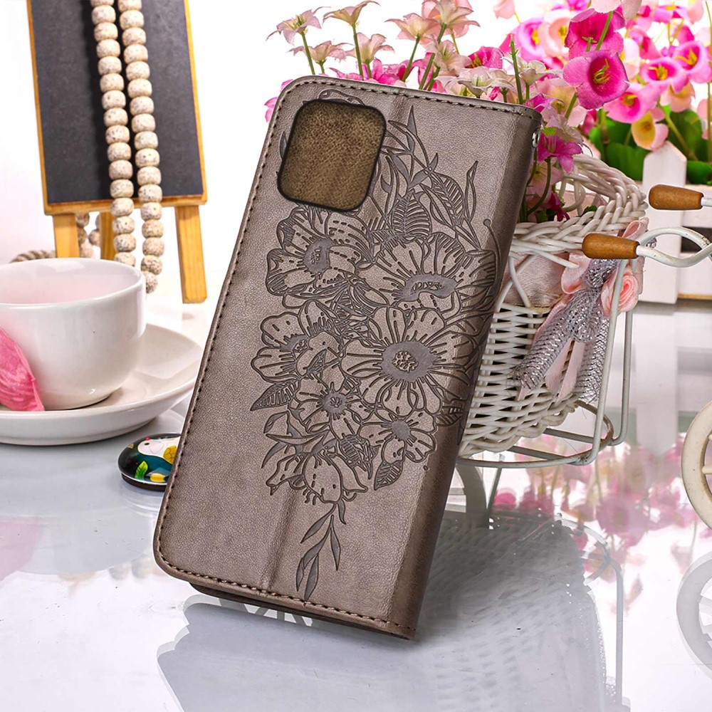 iPhone 13 Pro Leder Tasche mit Kartenfach   Handschlaufe Schmetterling / Blumen - Grau