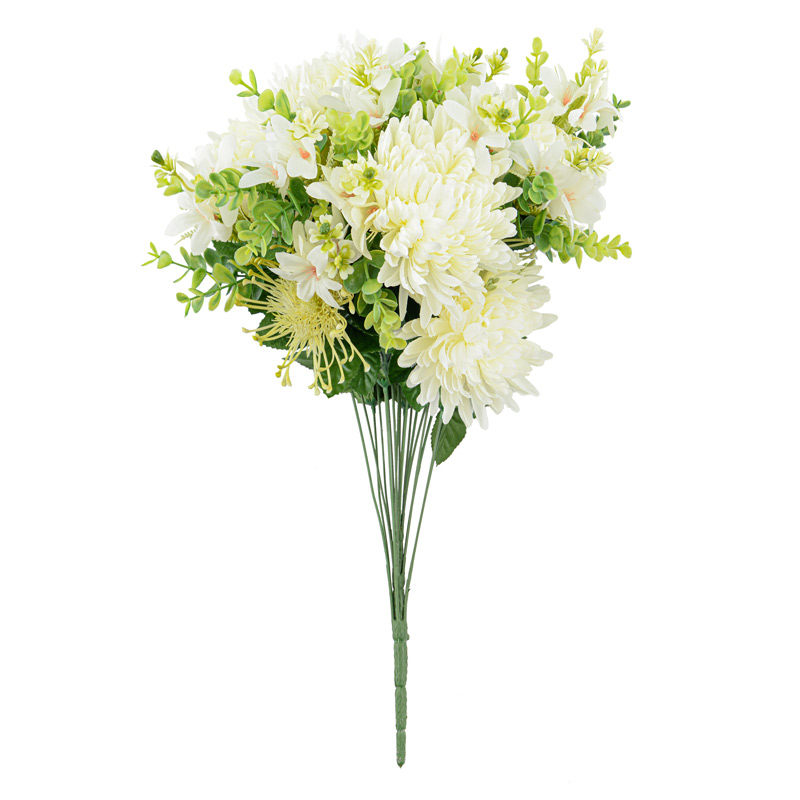 Bouquet de chrysanthèmes, buis et fleurettes