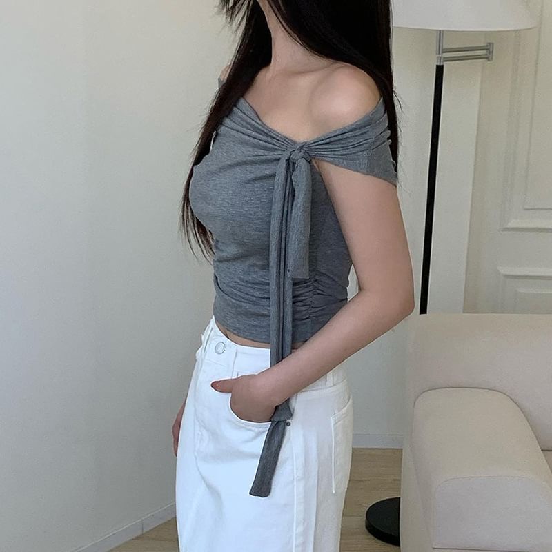Sosana - Off-shoulder crop top met korte mouwen / lange mouwen en knoopsluiting, slim-fit