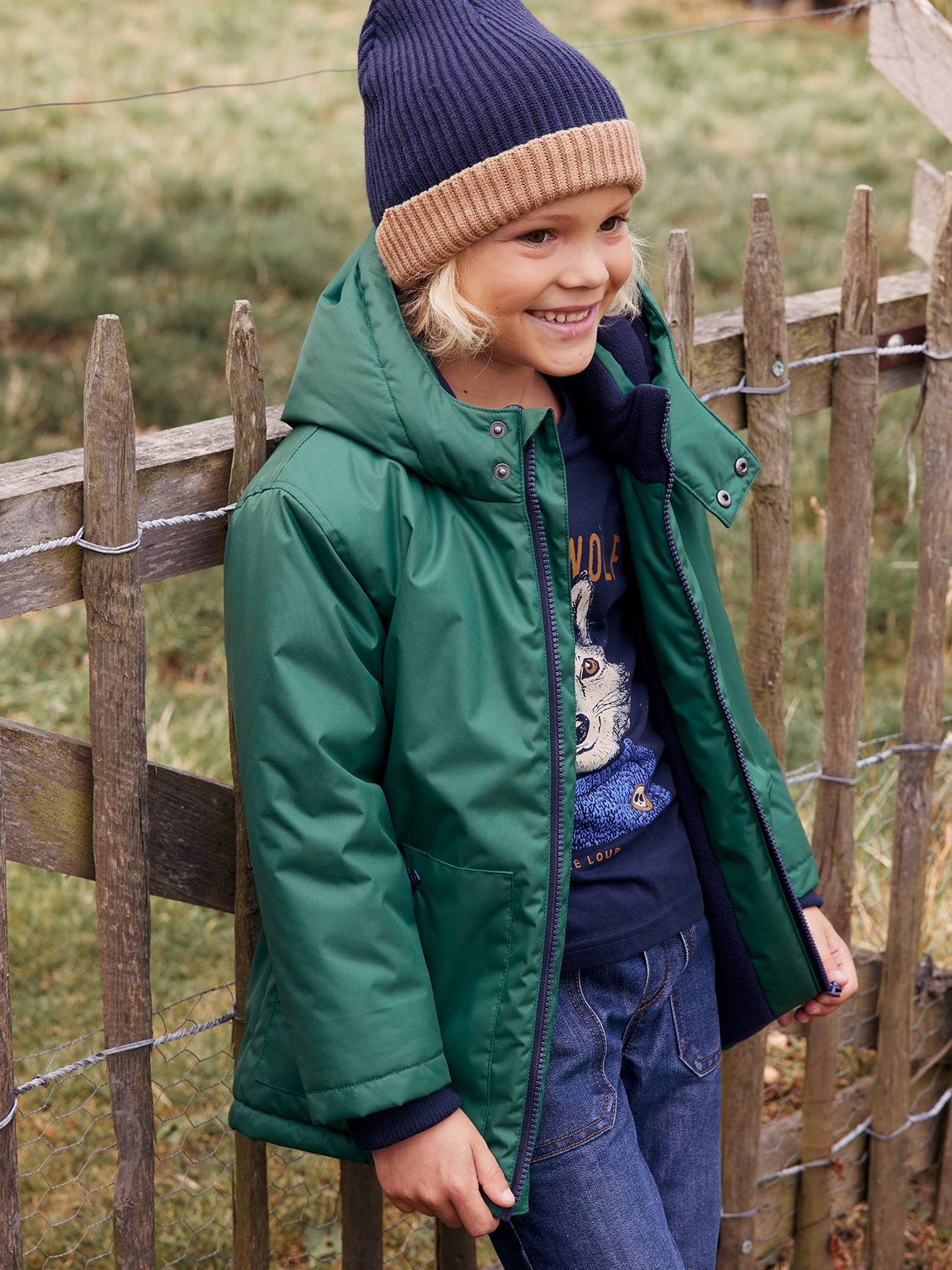 Parka verde com capuz e forro de lã para meninos