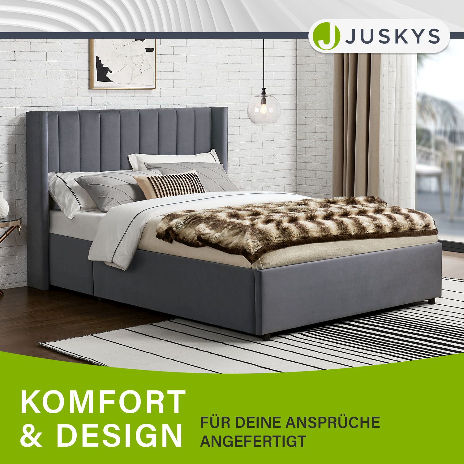 Juskys Polsterbett Savona 140x200 cm mit Stauraum, Lattenrost, Samt-Bezug, bis 250 kg - Dunkelgrau