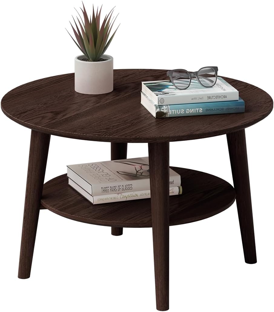 skølm Mjölnir Couchtisch rund Ø70 cm – Wohnzimmertisch aus Eiche Massivholz – Sofatisch mit 2 Ablagen – kleiner Beistelltisch dunkel lackiert – Holztisch Wohnzimmer mit Stauraum – Coffee Table