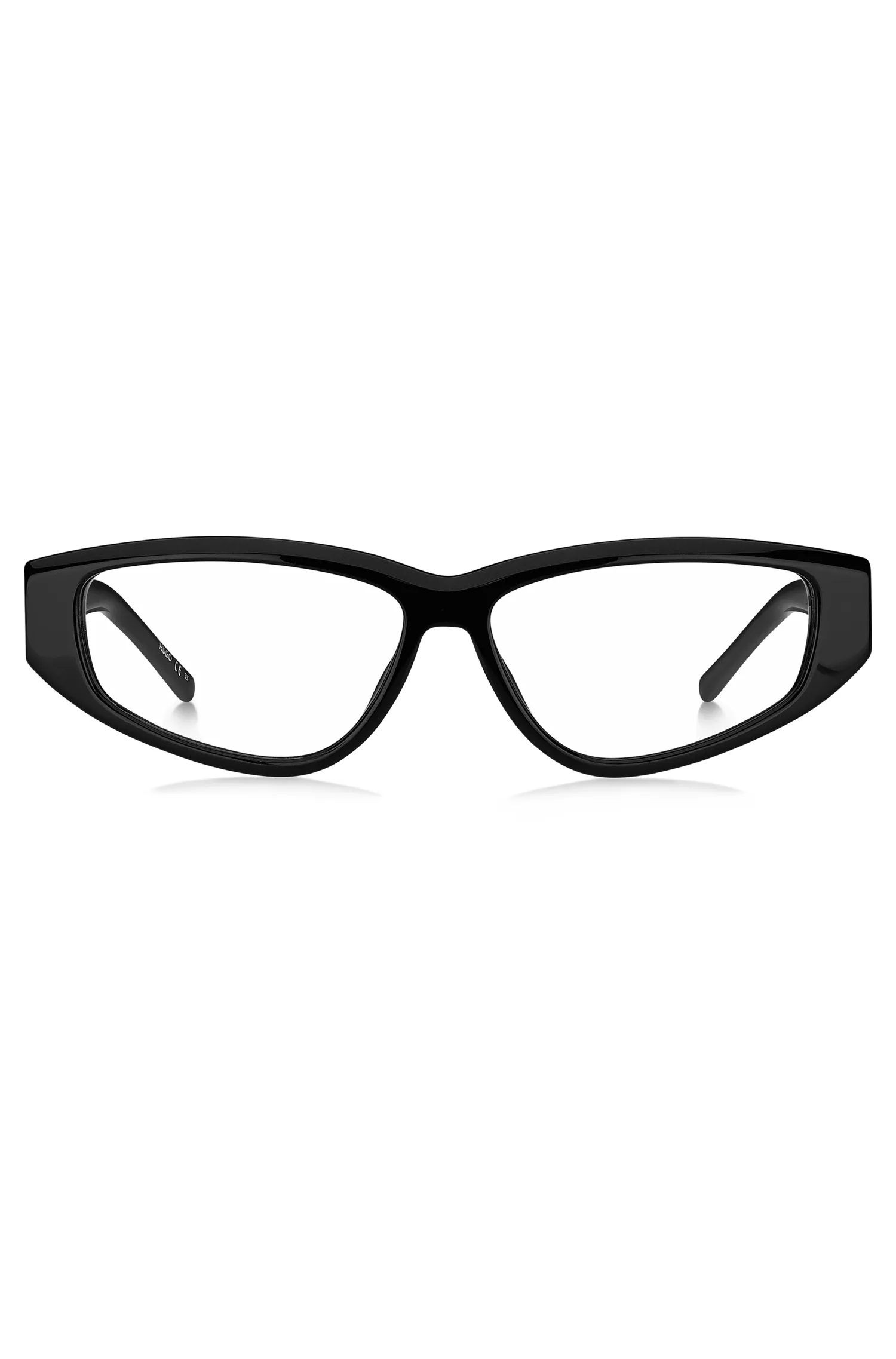 Armação de óculos HUGO em acetato vermelho e preto com monograma 3D.