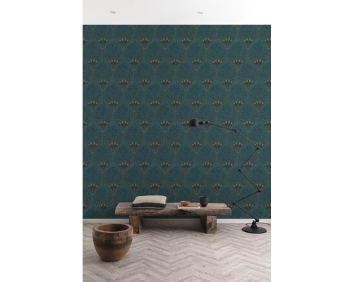 Vliesbehang A54902 Nijlpalm blauwgroen