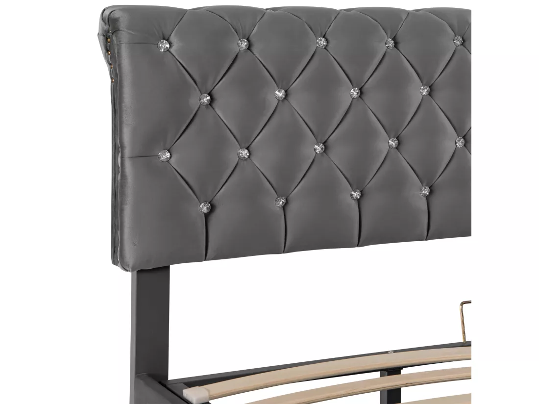 Lit coffre 140 x 190 cm avec tête de lit réglable - Velours - Décor avec boucle en cristal - Coloris gris