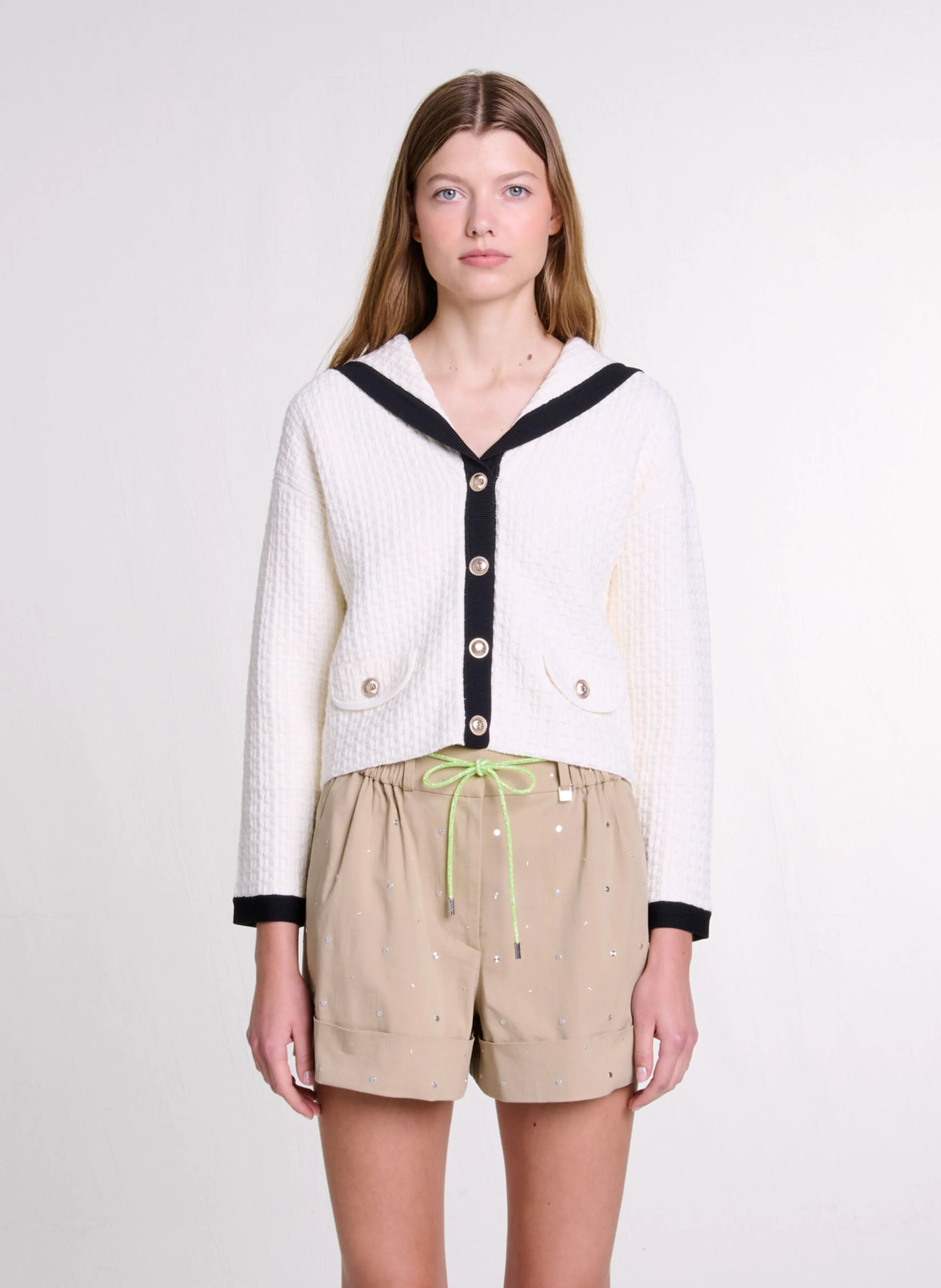 Cardigan court col marin en coton texturé | Beige