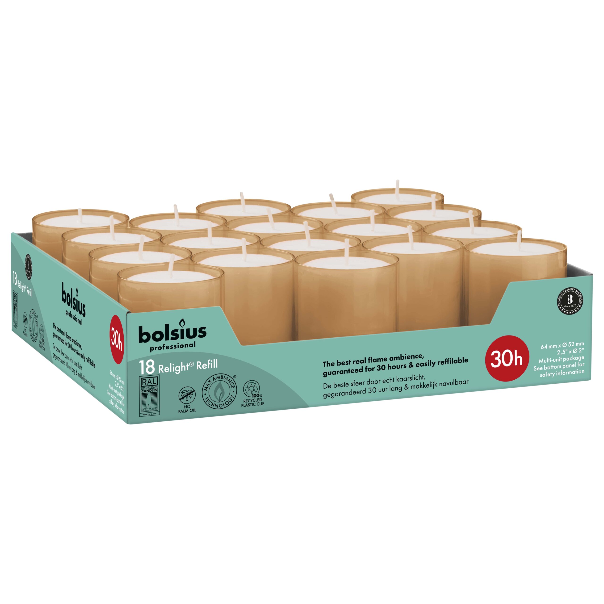 Bolsius Horeca Relight Navullingen 64/52 Zacht Roze (18 stuks)