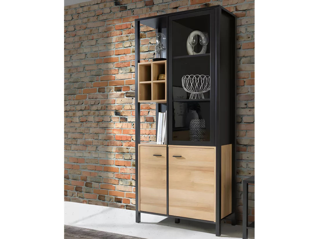 Vitrine 194 cm 3 portes 4 casiers décor bois de chêne et noir - MODE