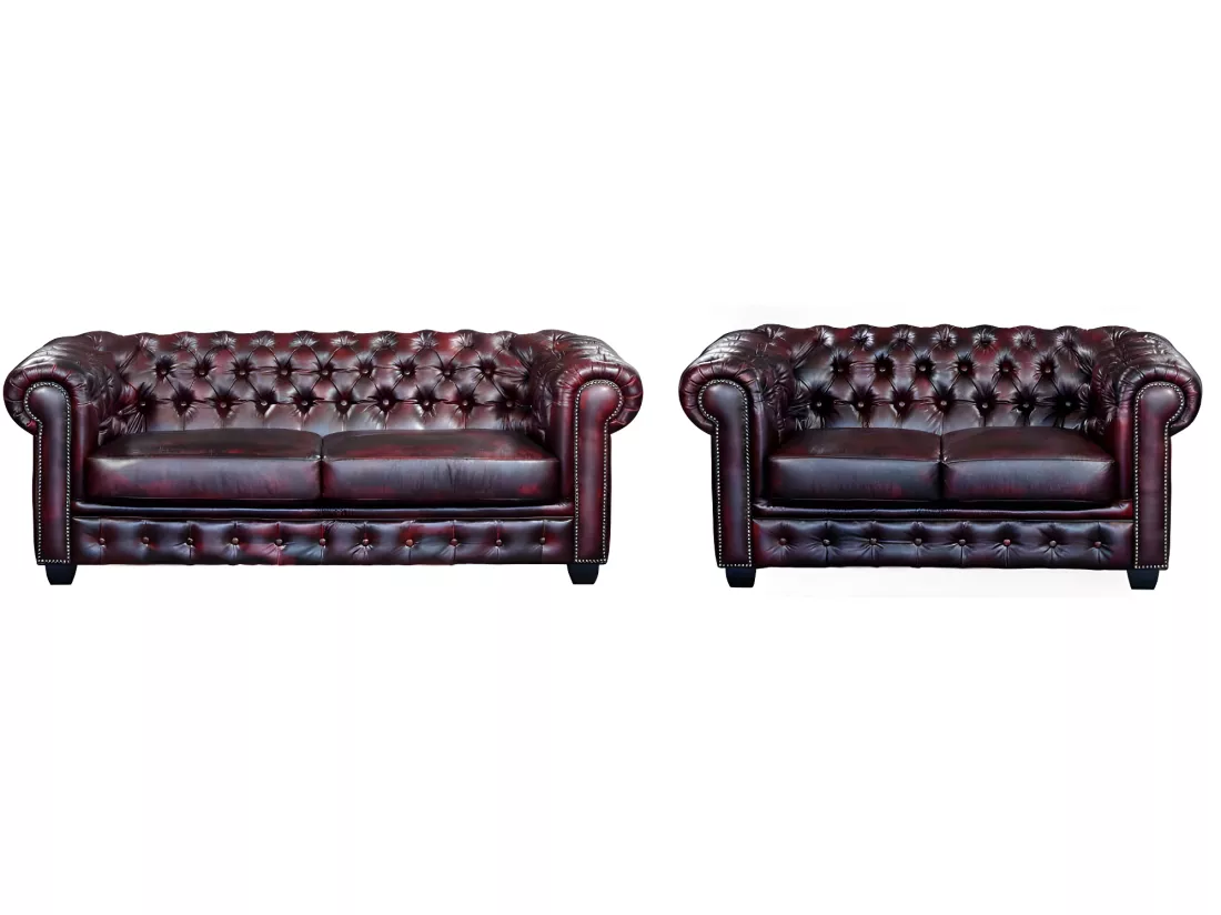 Canapés chesterfield 3 places et 2 places BRENTON 100% cuir de buffle - Bordeaux
