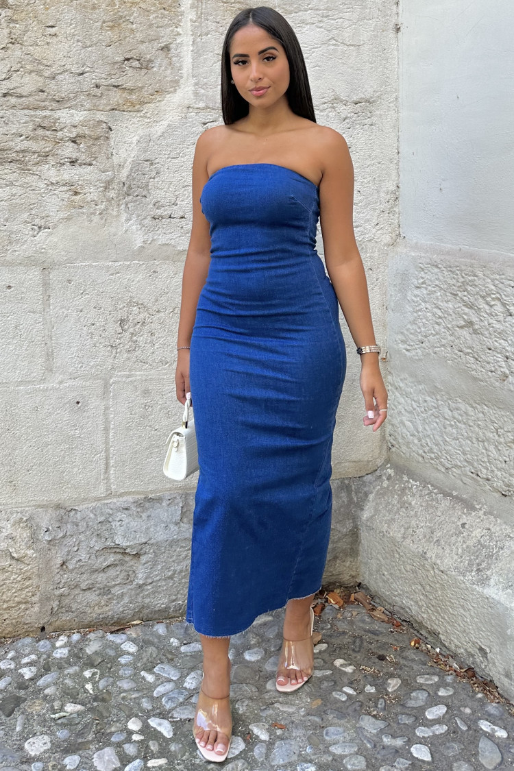 Robe longue en jeans bleu bustier